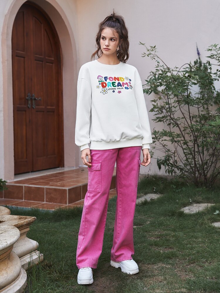 SHEIN MOD Pullover con estampado floral & de seta con diseño de parche de hombros caídos - Blanco - Añade 3