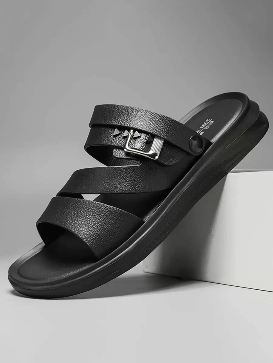 Hombres Sandalias Con Hebilla Decorativa, Suela Suave Para Exteriores, Adecuadas Para Playa Y Conducción - Negro - Ver 1