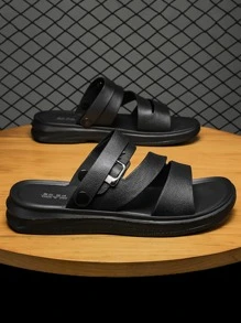 Hombres Sandalias Con Hebilla Decorativa, Suela Suave Para Exteriores, Adecuadas Para Playa Y Conducción - Negro - Ver 2