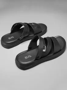 Hombres Sandalias Con Hebilla Decorativa, Suela Suave Para Exteriores, Adecuadas Para Playa Y Conducción - Negro - Ver 3