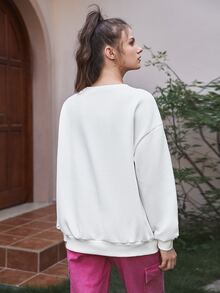 SHEIN MOD Floral & Mushroom Print Patch Detail Drop Shoulder Pullover - White - View 4