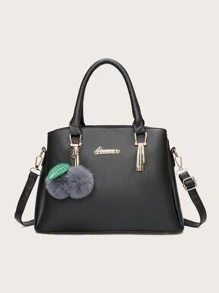 Bolso de asa superior con decoración de pompones y hojas, regalo del Día de la Madre para mamá - Negro - Ver 1