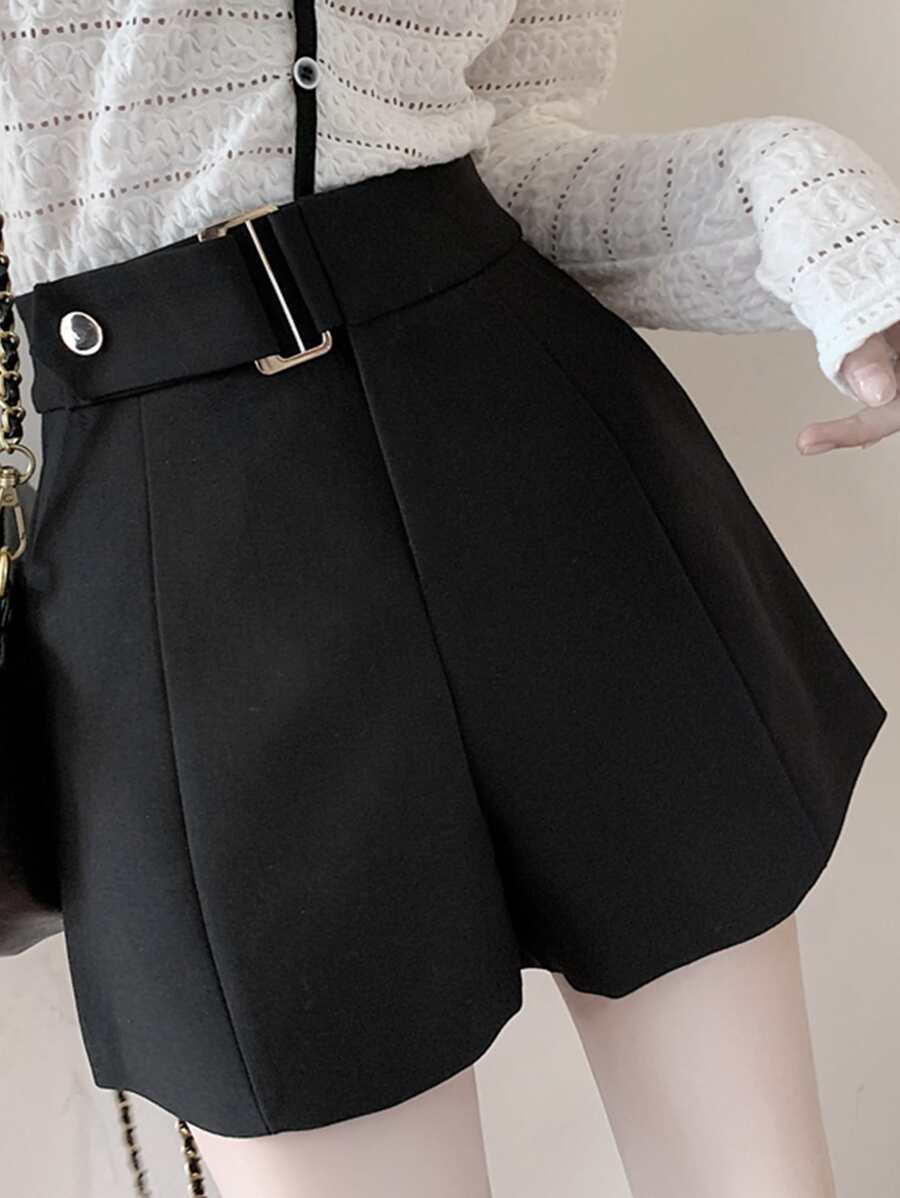 Solid Wide Leg Belted Shorts Casual Black Summer - Black - View 1