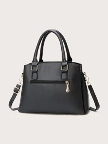 Bolso de asa superior con decoración de pompones y hojas, regalo del Día de la Madre para mamá - Negro - Ver 2