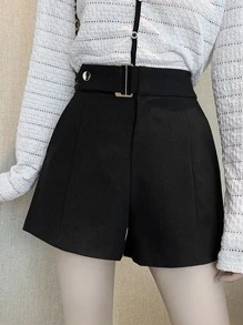 Solid Wide Leg Belted Shorts Casual Black Summer - Black - View 3
