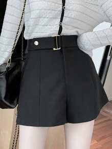 Solid Wide Leg Belted Shorts Casual Black Summer - Black - View 4