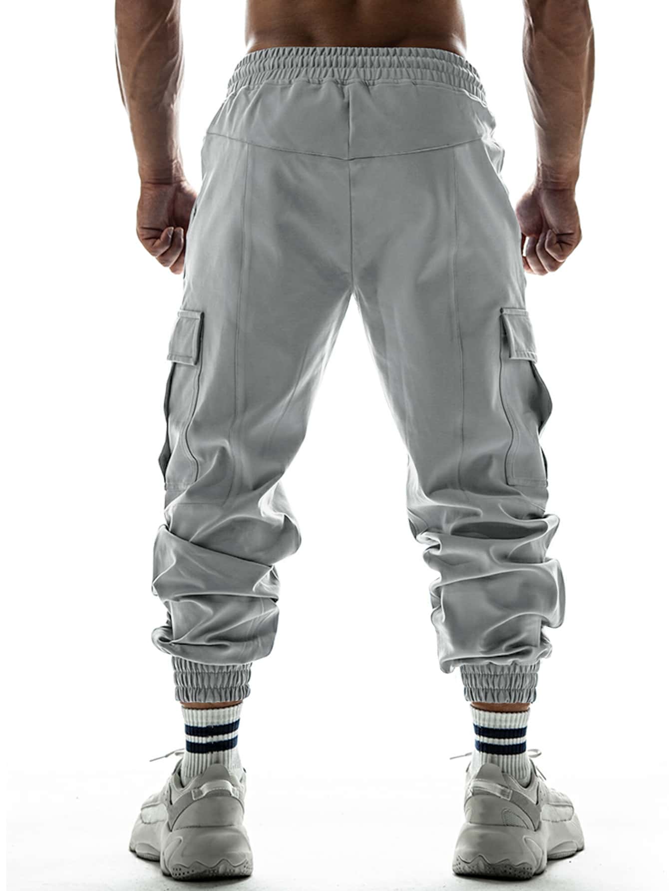 Manfinity Homme 男裝休閒字母圖形帶翻蓋口袋和束口腰束裝貨褲 - 灰色 - 查看 2