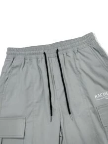 Manfinity Homme 男裝休閒字母圖形帶翻蓋口袋和束口腰束裝貨褲 - 灰色 - 查看 4