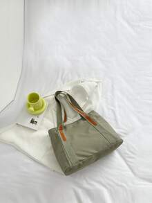 Solid Color Two Tone Double Handle Shopper Bag School Bag For Graduate, Teen Girls, Freshman, Sophomore, Junior & Senior In College, University & High School, Perfect For Outdoors ,Travel & Back To School - Army Green - View 3