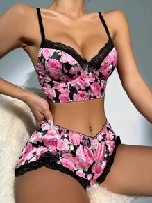 Floral Lace Satin Underwire Lingerie Set - Multicolor - View 1