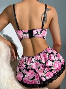 Floral Lace Satin Underwire Lingerie Set - Multicolor - View 2
