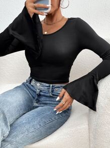 SHEIN Privé Solid Flounce Sleeve Tee - Black - View 6