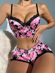 Floral Lace Satin Underwire Lingerie Set - Multicolor - View 5