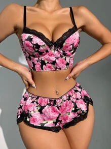 Floral Lace Satin Underwire Lingerie Set - Multicolor - View 3