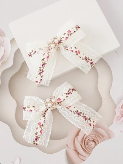 2pcs Teen Girls Floral Pattern Bow Decor Alligator Hair Clip