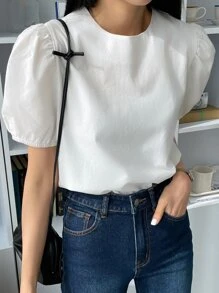 DAZY 泡泡袖圓領襯衫 - 白色 - 查看 1