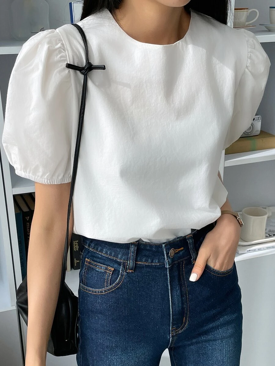 DAZY 泡泡袖圓領襯衫 - 白色 - 查看 1