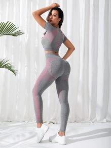 Easithlete 无缝插肩袖收腹运动套装健身女士套装 - 淺灰色 - 查看 2