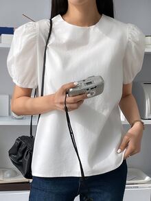 DAZY 泡泡袖圓領襯衫 - 白色 - 查看 3