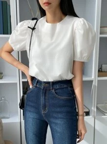 DAZY 泡泡袖圓領襯衫 - 白色 - 查看 4