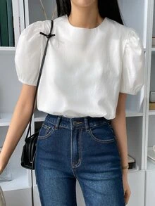 DAZY 泡泡袖圓領襯衫 - 白色 - 查看 5