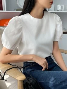 DAZY 泡泡袖圓領襯衫 - 白色 - 查看 6