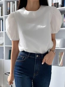 DAZY 泡泡袖圓領襯衫 - 白色 - 查看 7