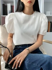 DAZY 泡泡袖圓領襯衫 - 白色 - 查看 8