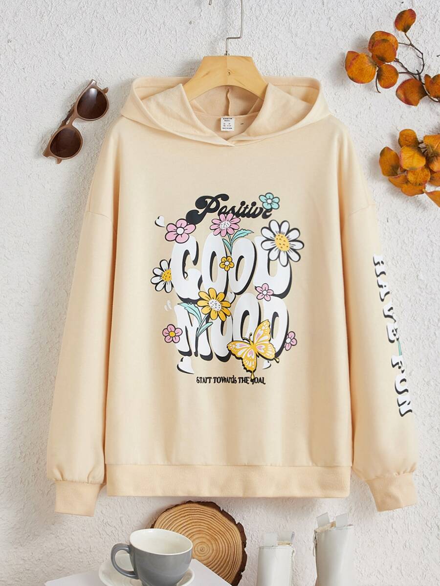 SHEIN 少女字母蝴蝶印花卫衣 - 杏色 - 查看 1