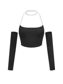 SHEIN ICON Grunge Solid Chain Crop Halter Top With Arm Sleeves - Black - View 2