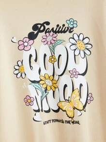 SHEIN 少女字母蝴蝶印花卫衣 - 杏色 - 查看 3