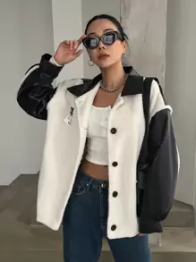 DAZY Letter Patched Contrast Teddy Drop Shoulder Coat Women Jacket,Fall Women Clothes - Black and White - View 1