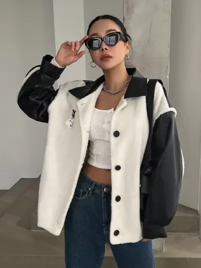 DAZY Letter Patched Contrast Teddy Drop Shoulder Coat Women Jacket,Fall Women Clothes