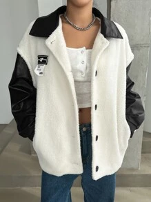 DAZY Letter Patched Contrast Teddy Drop Shoulder Coat Women Jacket,Fall Women Clothes - Black and White - View 3