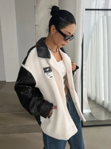 DAZY Letter Patched Contrast Teddy Drop Shoulder Coat Women Jacket,Fall Women Clothes - Black and White - View 4