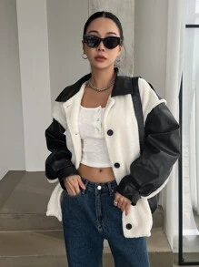 DAZY Letter Patched Contrast Teddy Drop Shoulder Coat Women Jacket,Fall Women Clothes - Black and White - View 5