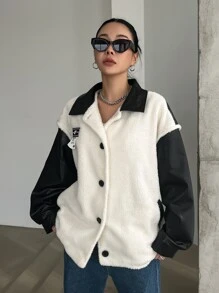 DAZY Letter Patched Contrast Teddy Drop Shoulder Coat Women Jacket,Fall Women Clothes - Black and White - View 6