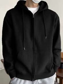DAZY Men Cotton Drop Shoulder Zip Up Drawstring Hoodie - Black - View 7