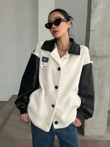 DAZY Letter Patched Contrast Teddy Drop Shoulder Coat Women Jacket,Fall Women Clothes - Black and White - View 7