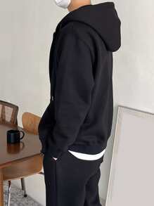DAZY Men Cotton Drop Shoulder Zip Up Drawstring Hoodie - Black - View 2