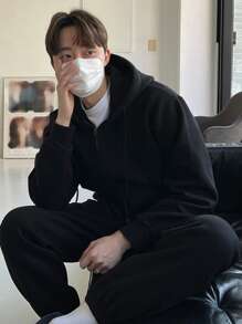 DAZY Men Cotton Drop Shoulder Zip Up Drawstring Hoodie - Black - View 3