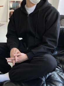 DAZY Men Cotton Drop Shoulder Zip Up Drawstring Hoodie - Black - View 4