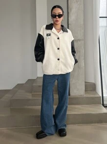 DAZY Letter Patched Contrast Teddy Drop Shoulder Coat Women Jacket,Fall Women Clothes - Black and White - View 9