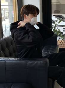 DAZY Men Cotton Drop Shoulder Zip Up Drawstring Hoodie - Black - View 6