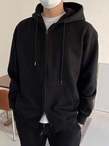 DAZY Men Cotton Drop Shoulder Zip Up Drawstring Hoodie - Black - View 1