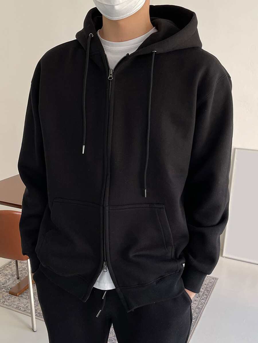 DAZY Men Cotton Drop Shoulder Zip Up Drawstring Hoodie - Black - View 1