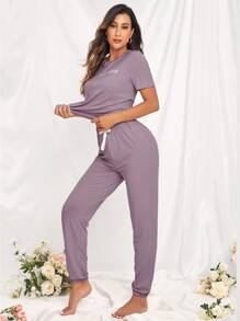 Slogan Graphic Bow Front Lounge Set Outfit - Mauve Purple - View 5