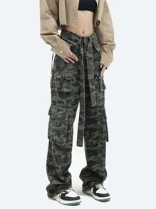 Camo Print Flap Pocket Belted Cargo Jeans - Multicolor - View 1