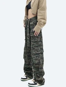 Camo Print Flap Pocket Belted Cargo Jeans - Multicolor - View 5