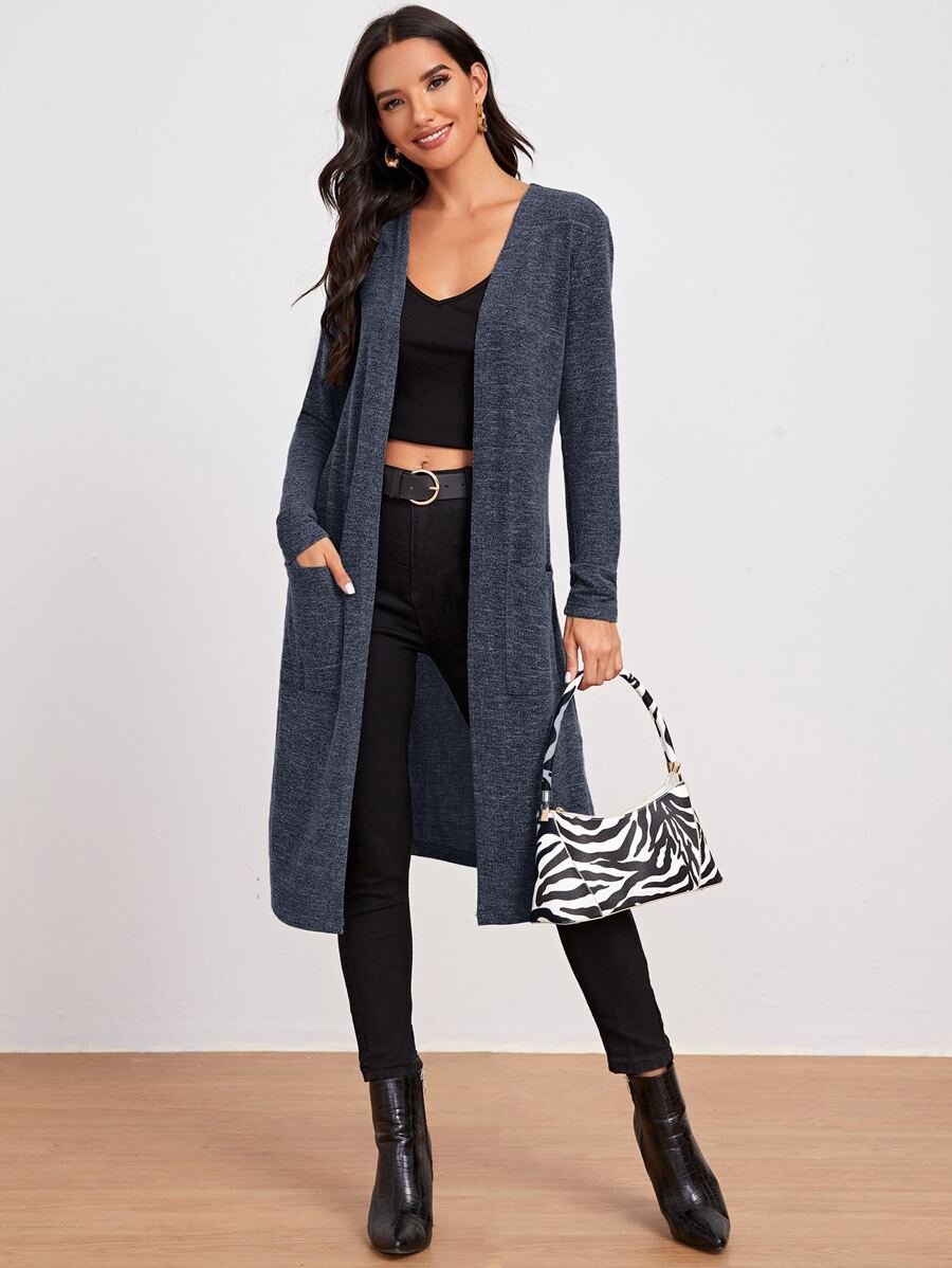 SHEIN LUNE Marled Knit Open-Front Longline Coat - Navy Blue - View 1